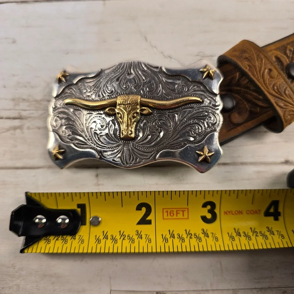 Kid Western Brown Leather Tooled Belt Longhorn Bull Trophy Buckle Made in USA 22